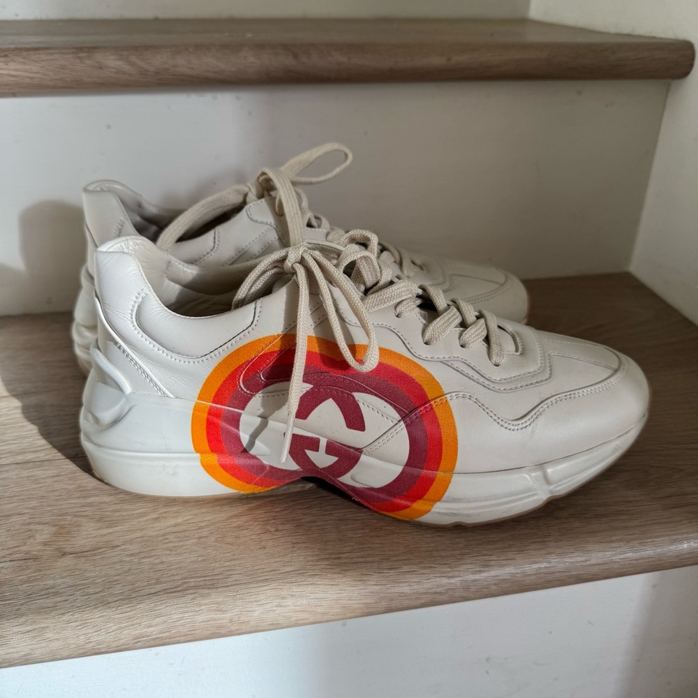 Gucci Cream Leather Sneakers with Gucci & Heart Graphic